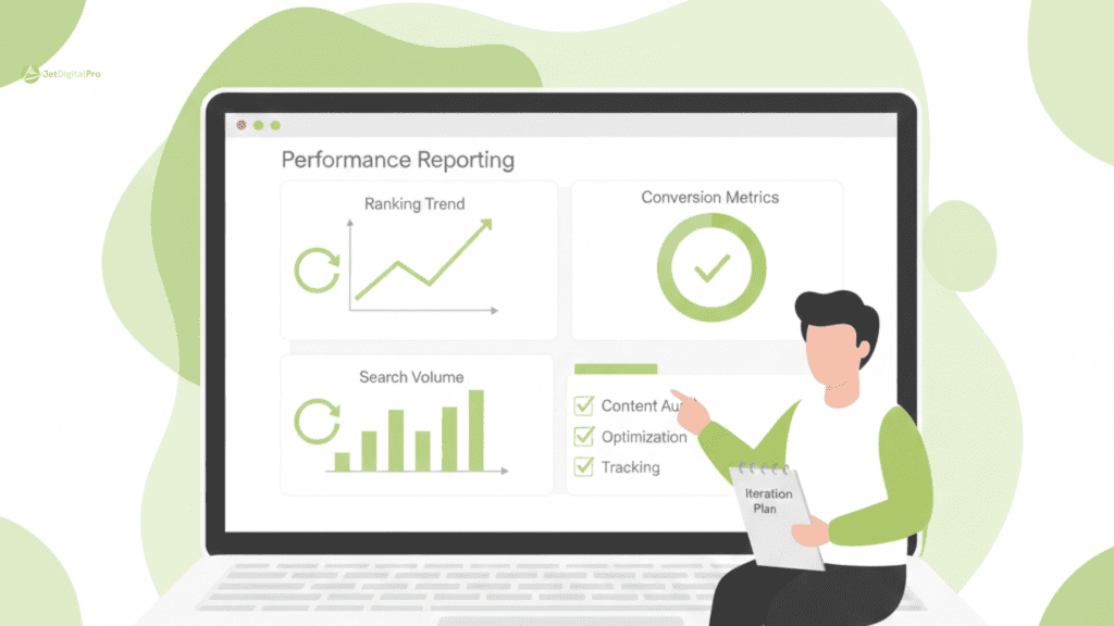 Flat vector graphic illustrating agency keyword research methods. The design features a marketing dashboard with ranking trends, SERP icons, and a step-by-step optimization checklist in a professional green color scheme.