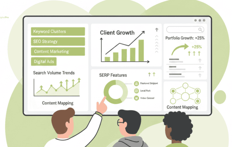 A 2D flat vector illustration showing agency keyword research methods as a structured workflow. The scene features icons for client goals, a process board with 'Audience Research' and 'Content Strategy,' and a website structure diagram in a clean green and white color palette.