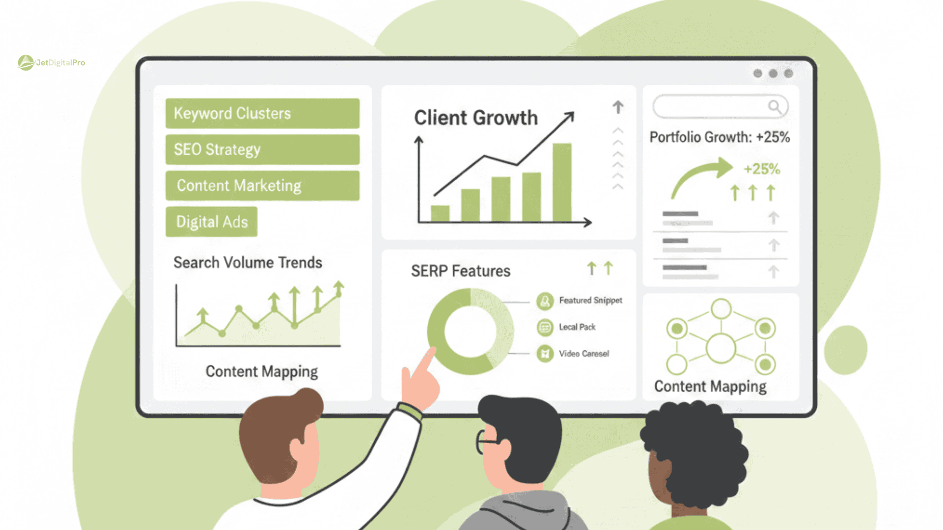 A 2D flat vector illustration showing agency keyword research methods as a structured workflow. The scene features icons for client goals, a process board with 'Audience Research' and 'Content Strategy,' and a website structure diagram in a clean green and white color palette.