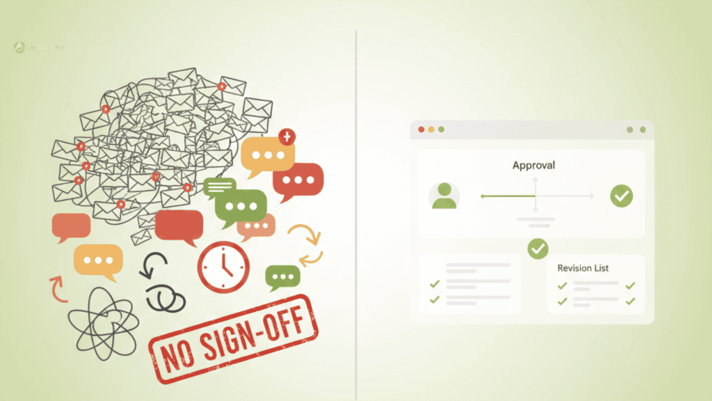 Illustration highlighting common mistakes in the client approval process agency teams face, such as tangled email chains, contrasted with an efficient, systematic approval dashboard.