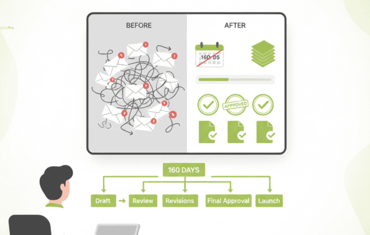 A split-screen vector illustration comparing a chaotic client approval process agency workflow full of messy emails to a streamlined, organized dashboard with clear sign-off stages.