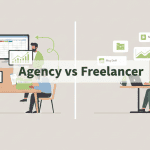 Communication agency vs freelancer visual highlighting teamwork strategy on one side and solo freelancer productivity on the other
