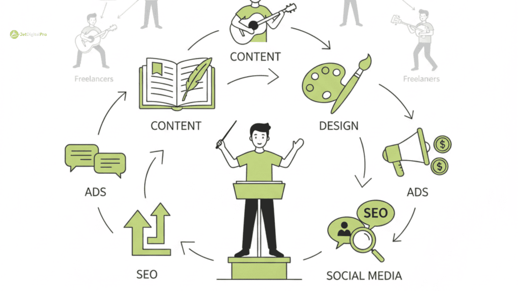 Communication agency vs freelancer comparison showing structured growth workflows versus independent task execution