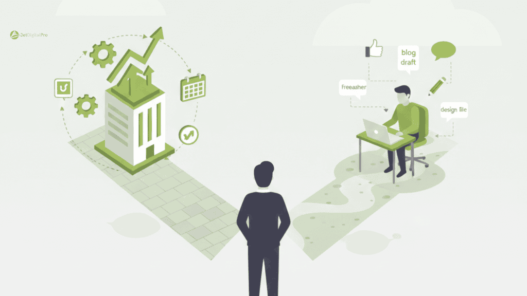 Communication agency vs freelancer illustrated as a business choosing between coordinated team systems and solo marketing work