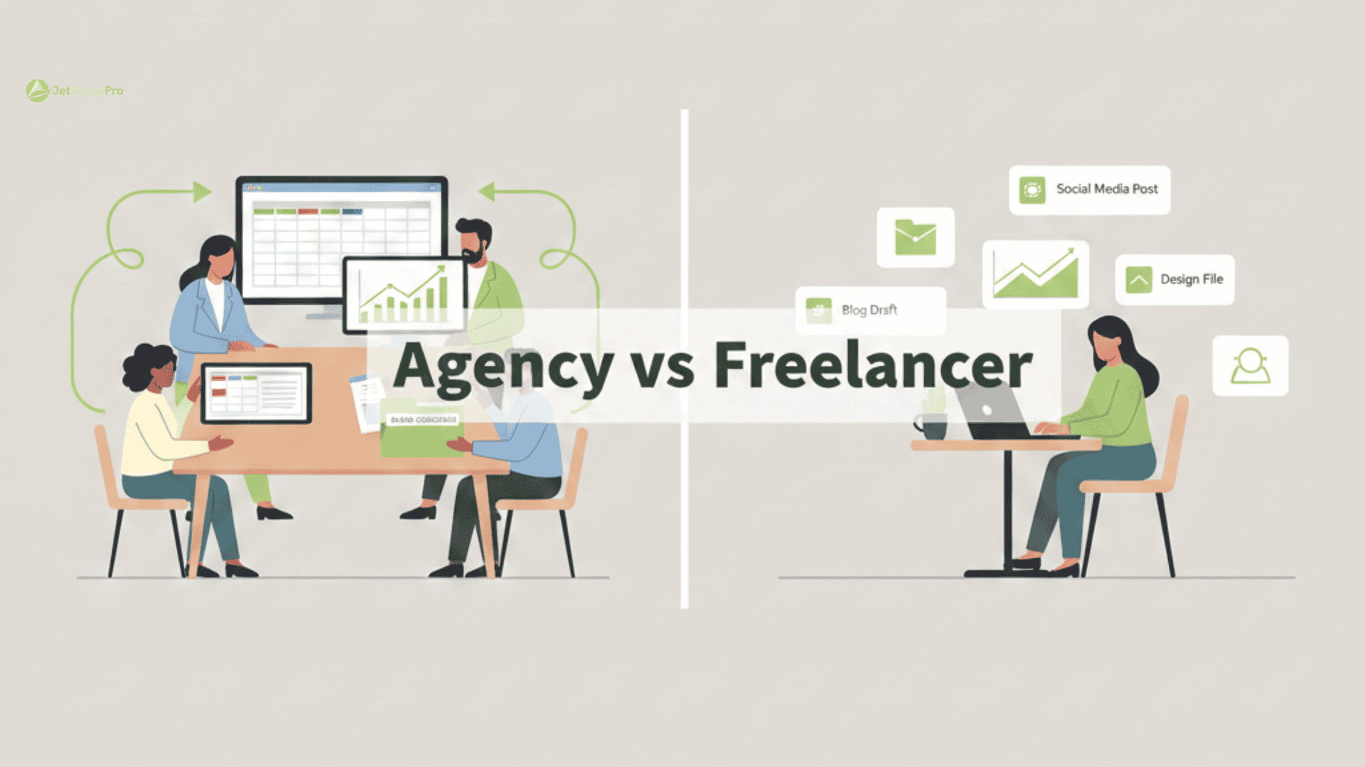 Communication agency vs freelancer visual highlighting teamwork strategy on one side and solo freelancer productivity on the other
