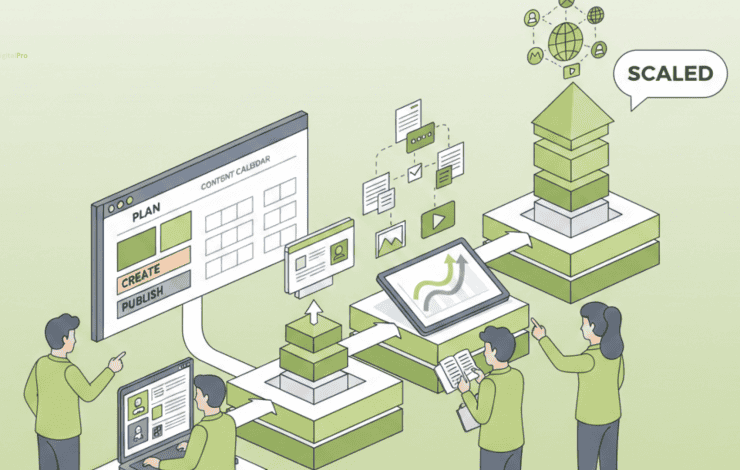 A flat vector illustration showing a marketing team using a content strategy process agency workflow to scale operations through structured pipeline stages.