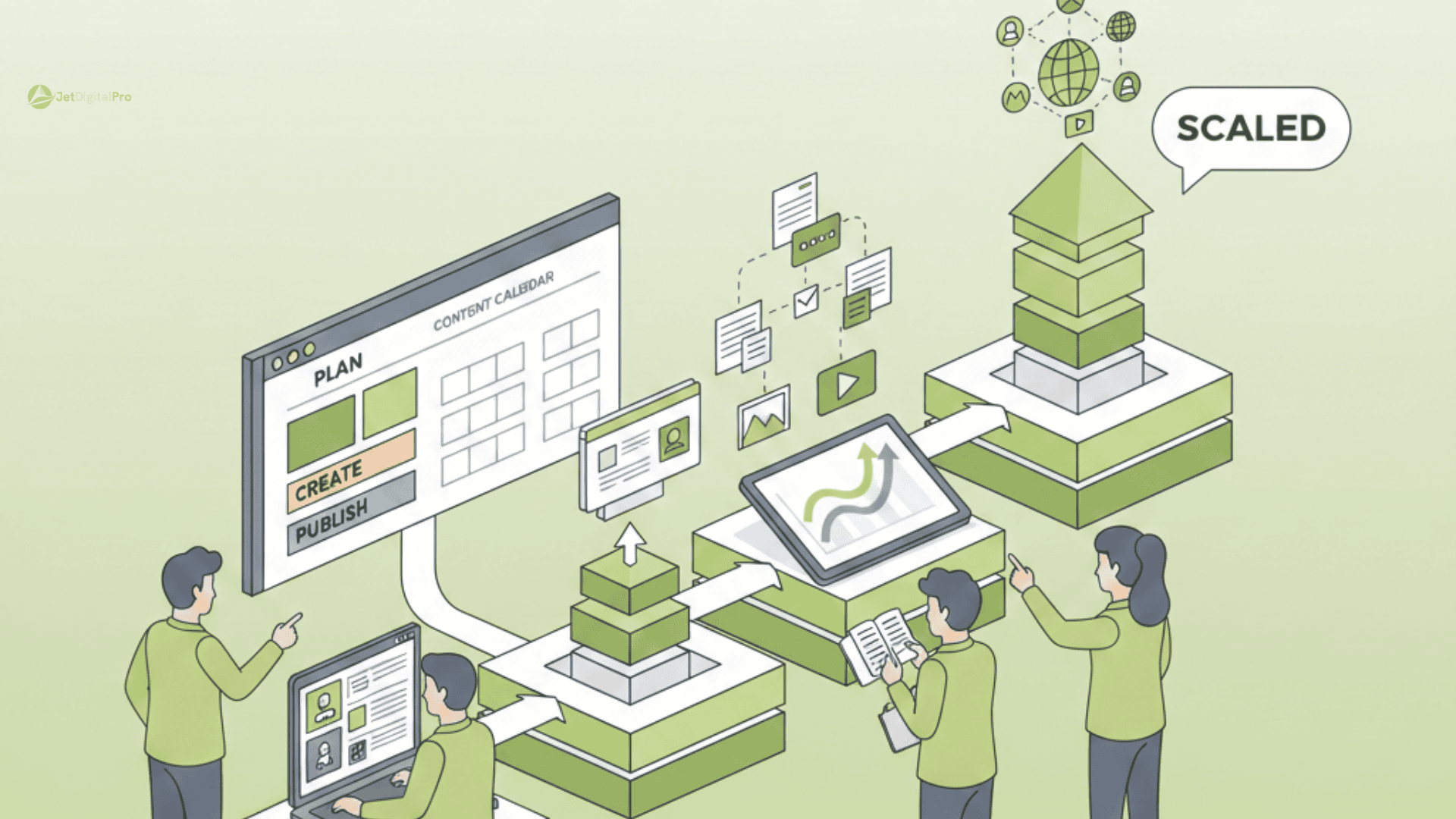 A flat vector illustration showing a marketing team using a content strategy process agency workflow to scale operations through structured pipeline stages.