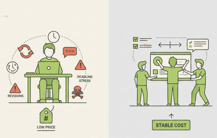 Cost comparison agency freelancer visual comparing low upfront freelance price with stable agency workflow and teamwork