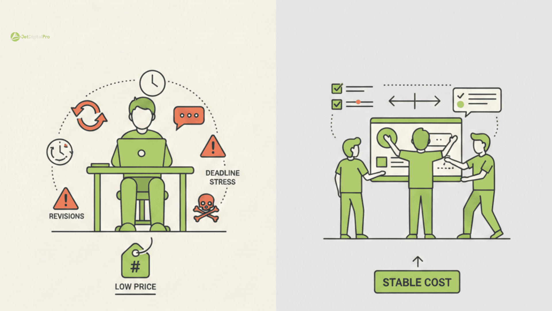Cost comparison agency freelancer visual comparing low upfront freelance price with stable agency workflow and teamwork
