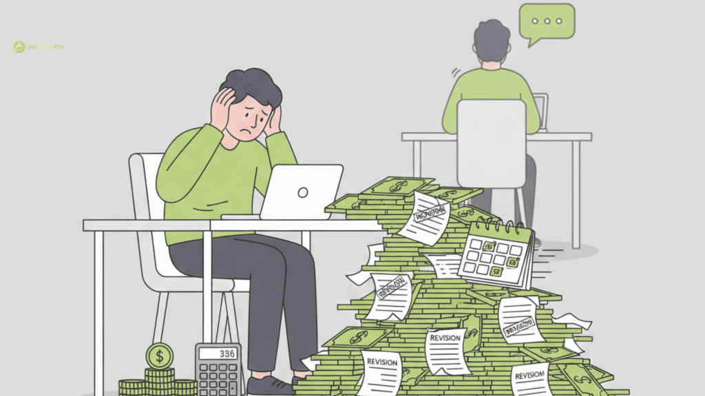 Cost comparison agency freelancer illustration with rising hidden costs, revisions, and stressed project management