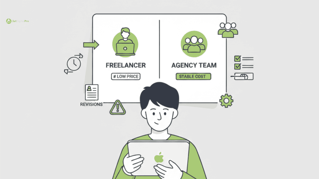  Cost comparison agency freelancer showing solo worker versus full agency team managing projects and risks