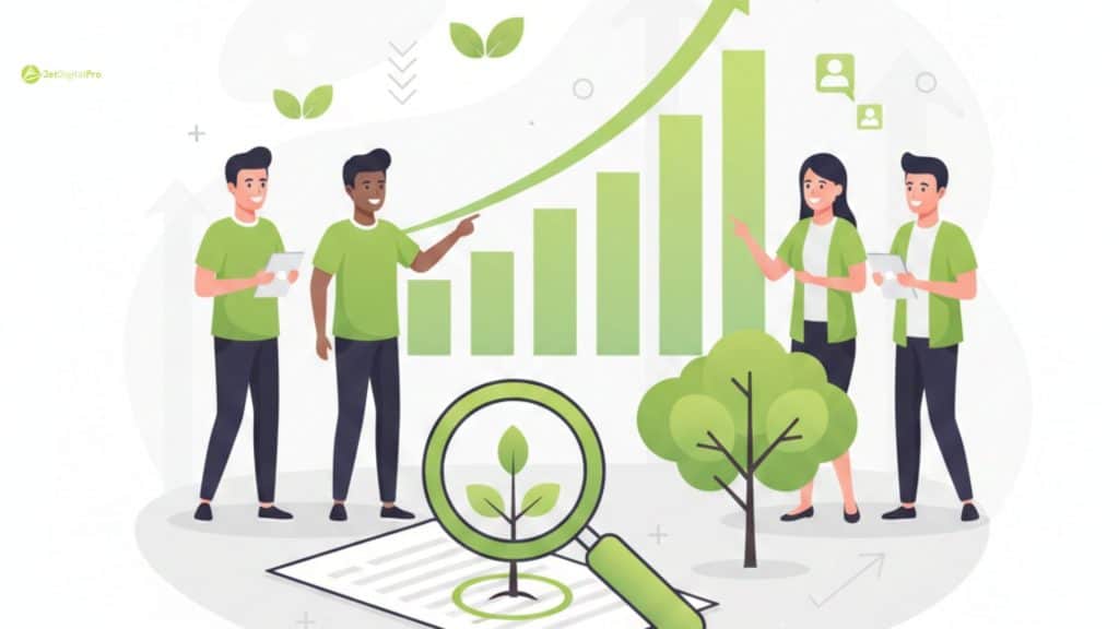 Agency vs Freelancer for SEO Content illustrated with team reviewing growth charts and content performance