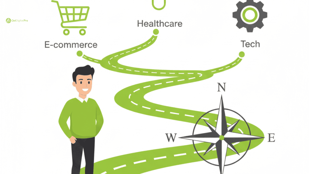 Illustration showing business paths comparing agency or freelancer which better for different project needs