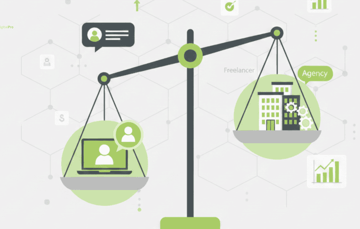 Balanced scale graphic explaining agency or freelancer which better for long term business growth