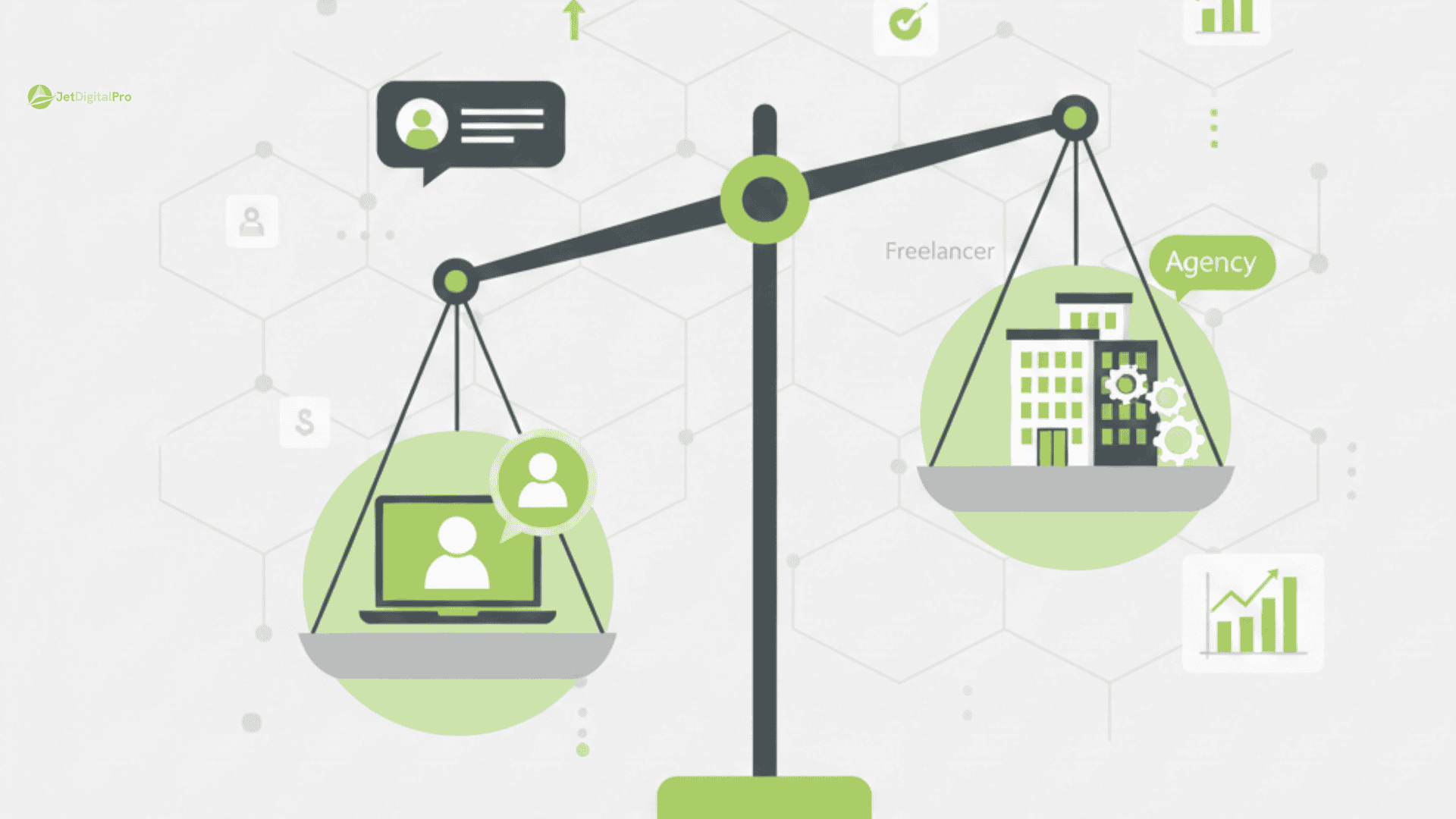 Balanced scale graphic explaining agency or freelancer which better for long term business growth