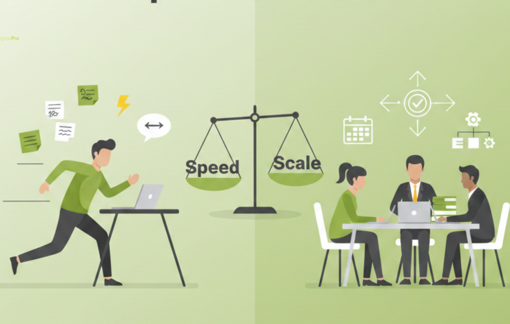 Flat vector illustration of a balance scale weighing speed against scale to illustrate the core choice in flexibility agency vs freelancer, featuring a minimalist workspace for freelancers and a professional meeting for agencies.
