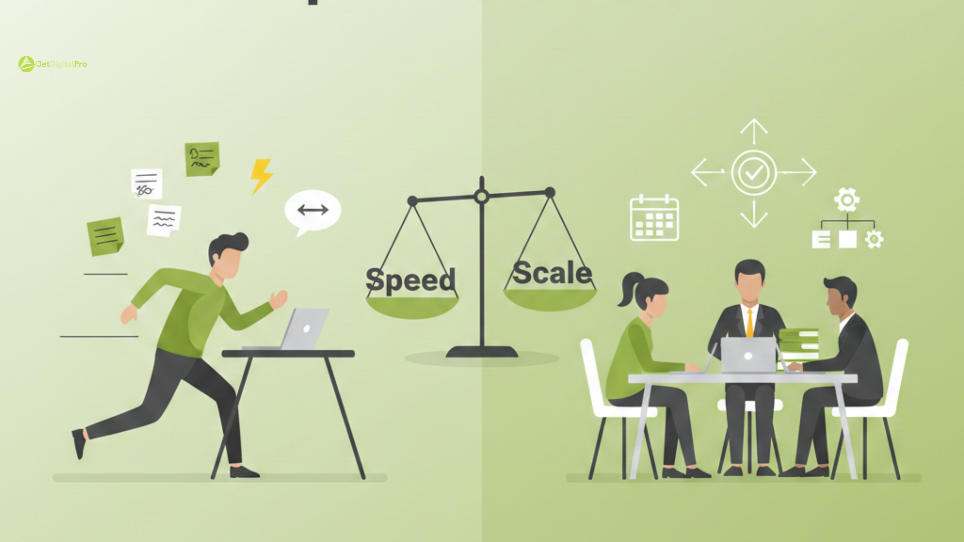 Flat vector illustration of a balance scale weighing speed against scale to illustrate the core choice in flexibility agency vs freelancer, featuring a minimalist workspace for freelancers and a professional meeting for agencies.