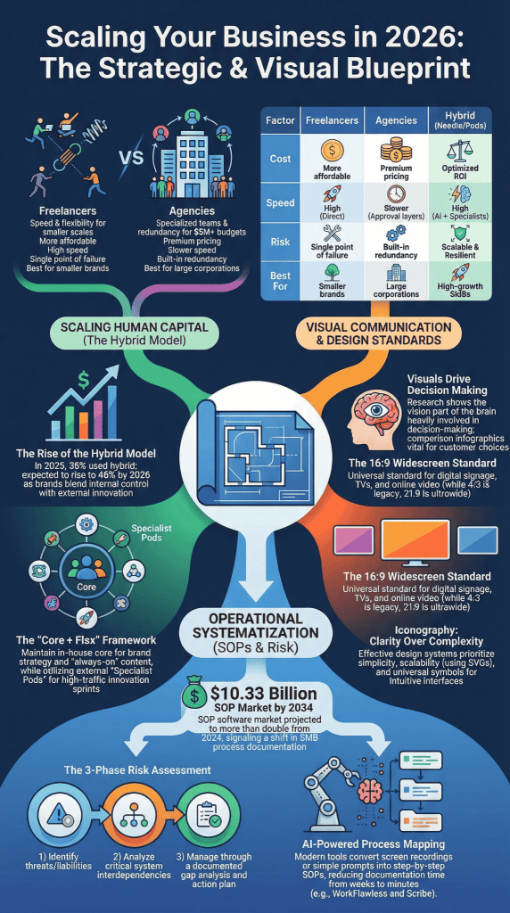 Infographic on flexibility agency vs freelancer: three panels demonstrate freelancer speed, a comparison of direct versus layered communication, and a contrast between simple checklists and complex agency systems.