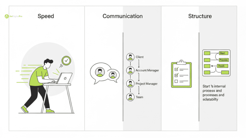 A business owner at a crossroads choosing between flexibility agency vs freelancer based on project type, urgency, and growth stage, with paths leading to icons for agile solo work or structured team scaling.