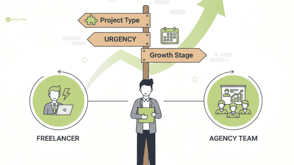 A business owner at a crossroads choosing between flexibility agency vs freelancer based on project type, urgency, and growth stage, with paths leading to icons for agile solo work or structured team scaling.
