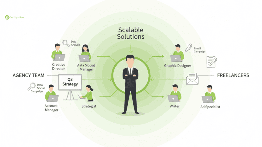 A professional infographic about managing agency vs freelancer highlighting scalable solutions and team coordination for business growth.