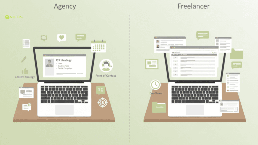 A top-down desk view illustrating managing agency vs freelancer workflows, contrasting structured strategy with tactical task management.