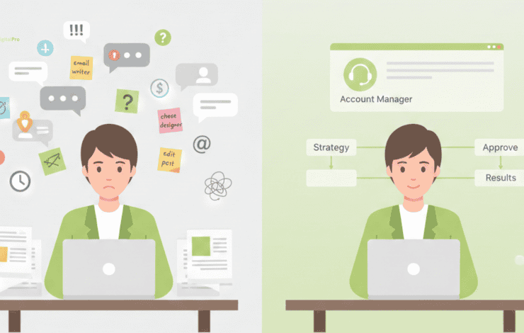 A business owner comparison of managing agency vs freelancer showing the difference in daily communication stress and mental load.