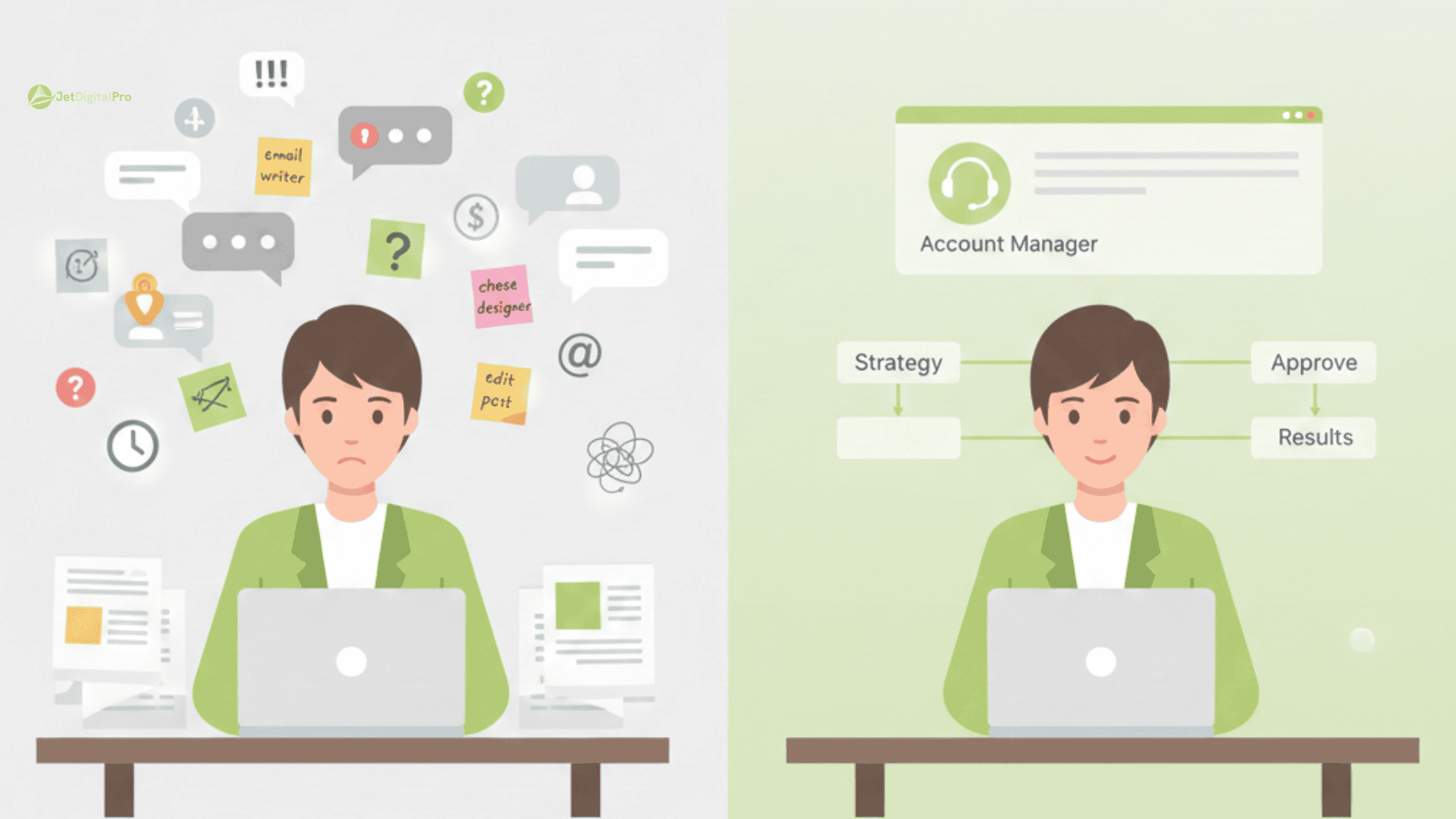 A business owner comparison of managing agency vs freelancer showing the difference in daily communication stress and mental load.