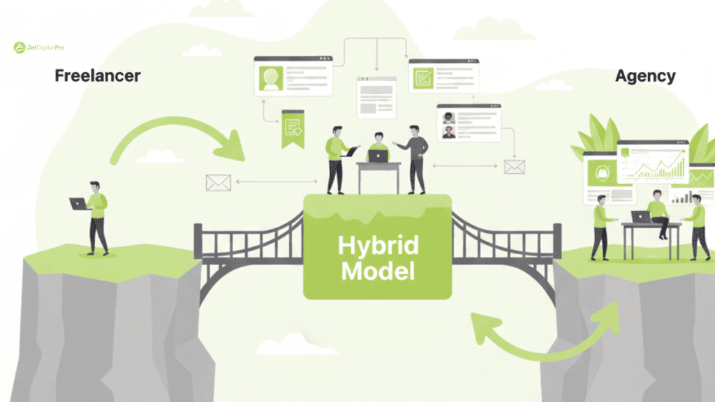 A flat vector image depicting the pros and cons of an SEO agency vs. freelancer via a bridge metaphor. It highlights the "Hybrid Model" in the center as a solution for businesses looking for both agency-level scalability and freelancer agility.