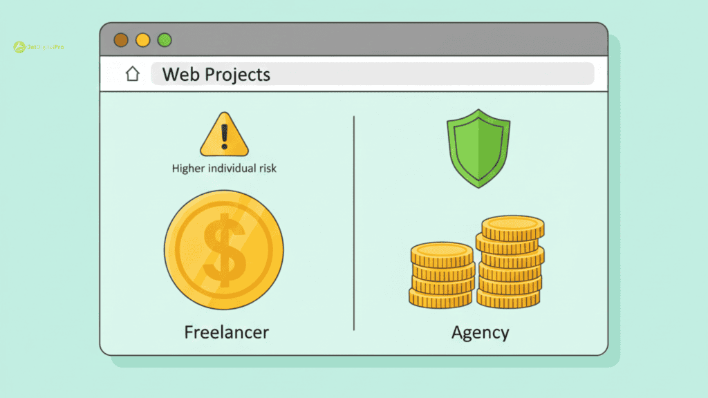 Visual comparison of cost and risk helping decide agency or freelancer which better for web projects