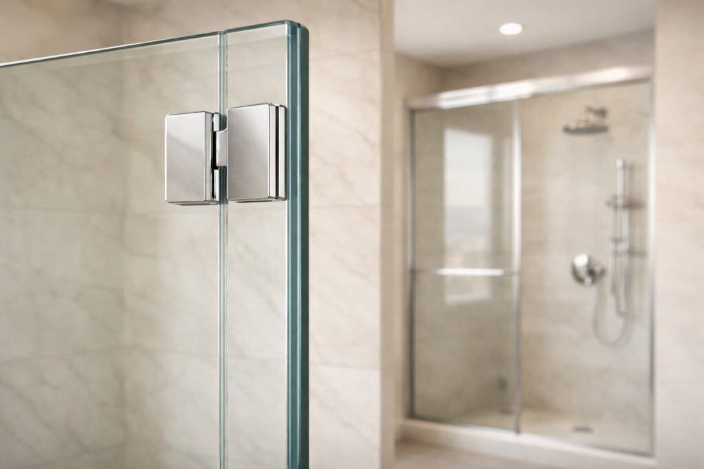 Close-up of thick frameless tempered glass and hardware compared to framed shower door, showing quality tied to Glass Shower Door Installation Costs in Salt Lake City.