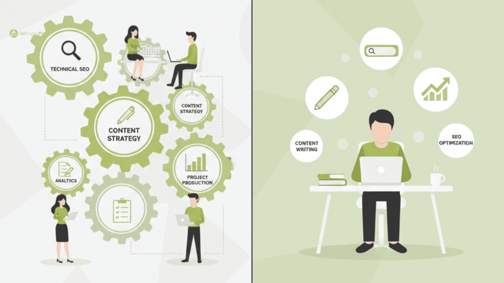 Business graphic showing the pros and cons of an SEO agency vs. freelancer. The left side features a structured agency system with multiple experts, while the right side displays a solo freelancer managing specialized tasks at a single desk.