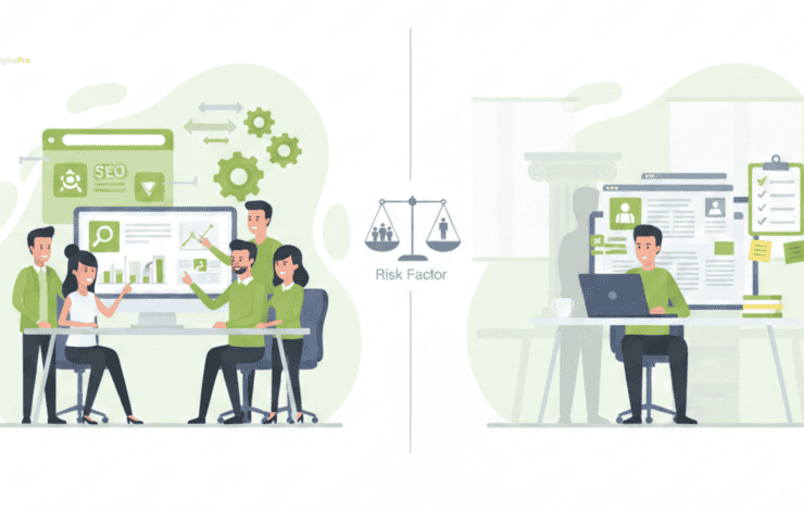 A 2D vector illustration comparing the pros and cons of an SEO agency vs. freelancer. The split design shows a coordinated team representing agency stability and a solo professional highlighting freelancer flexibility.