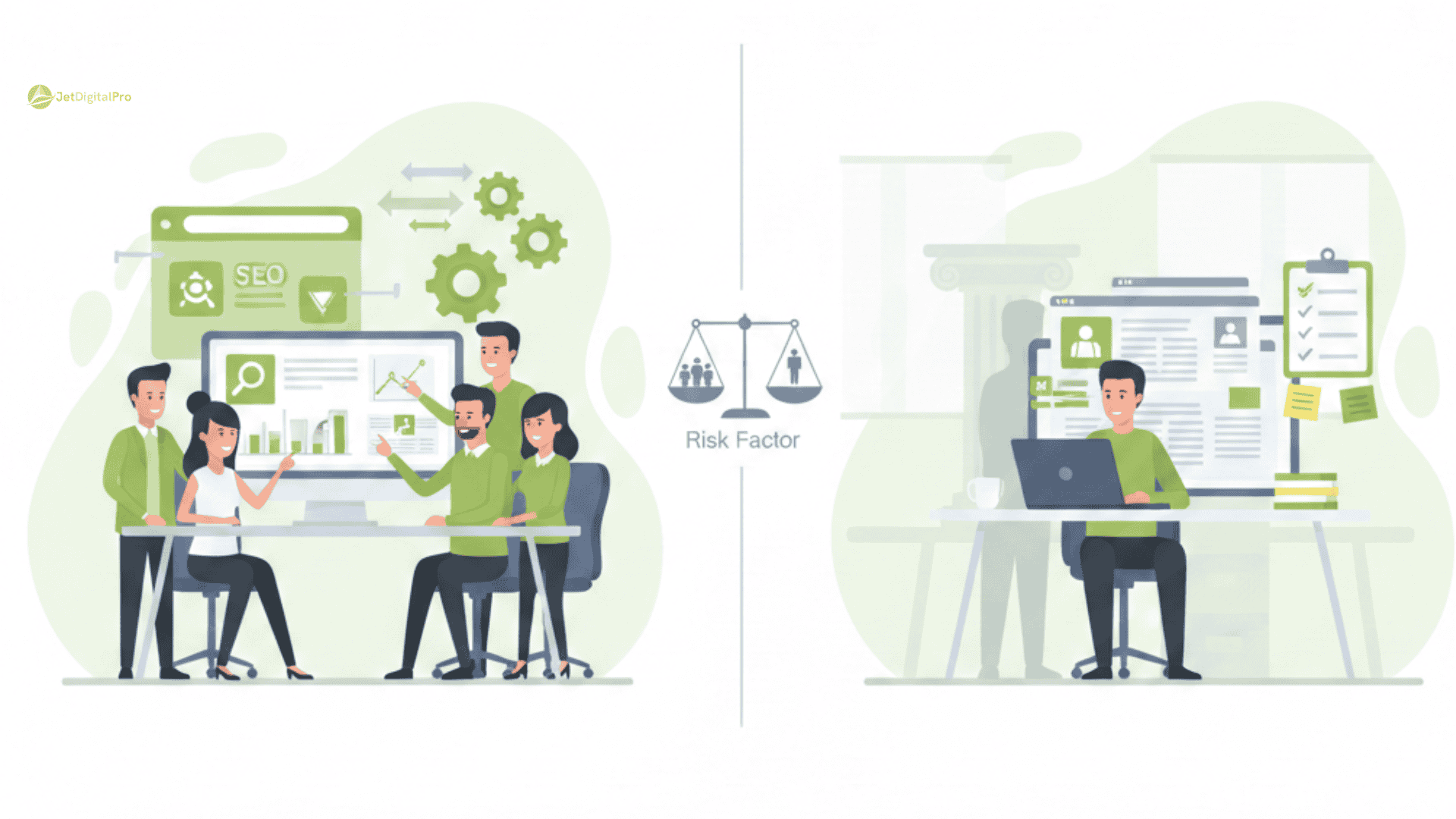 A 2D vector illustration comparing the pros and cons of an SEO agency vs. freelancer. The split design shows a coordinated team representing agency stability and a solo professional highlighting freelancer flexibility.