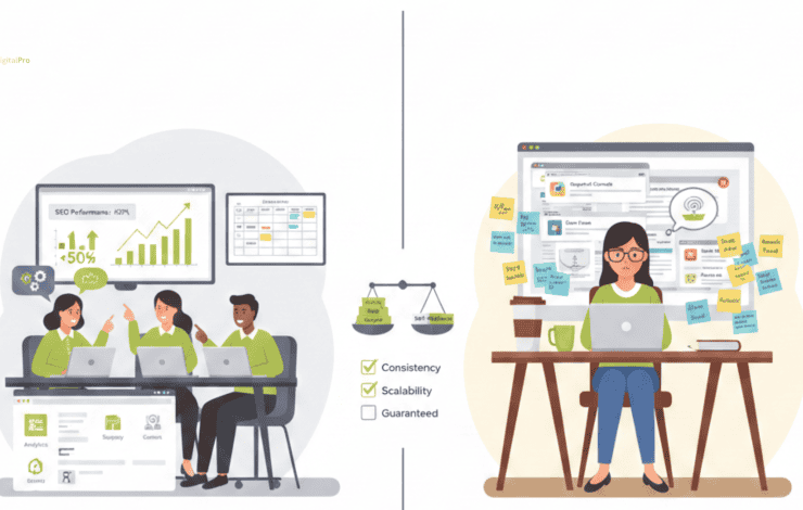 Comparison chart highlighting the reliability agency vs freelancer SEO for long-term project stability.