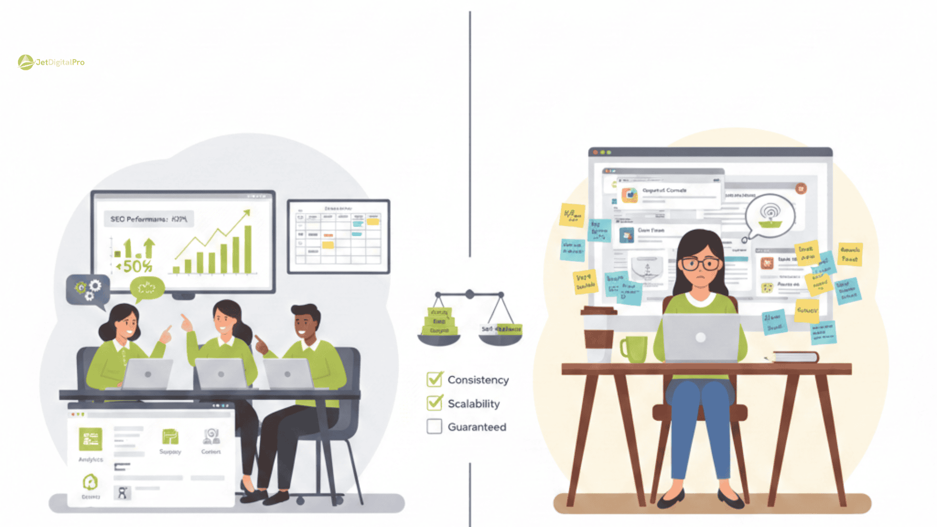 Comparison chart highlighting the reliability agency vs freelancer SEO for long-term project stability.