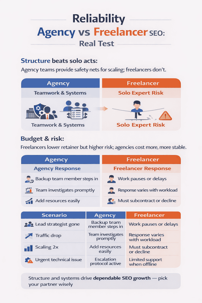 Infographic showcasing the pros and cons of reliability agency vs freelancer SEO in digital marketing strategy.