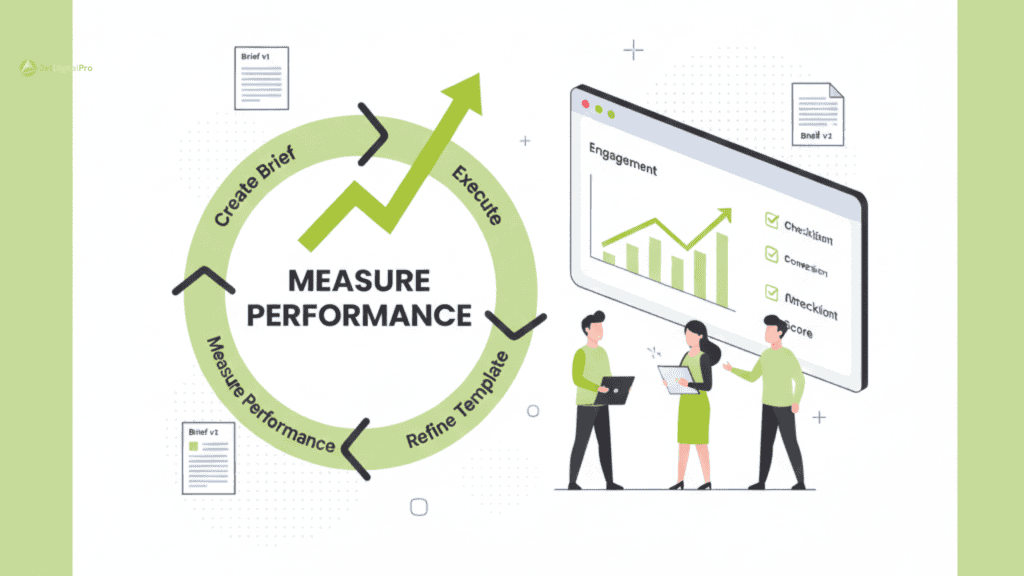 A minimal diagram of an iterative content loop, highlighting the role of agency content briefing standards in measuring performance and refining strategy for continuous improvement.