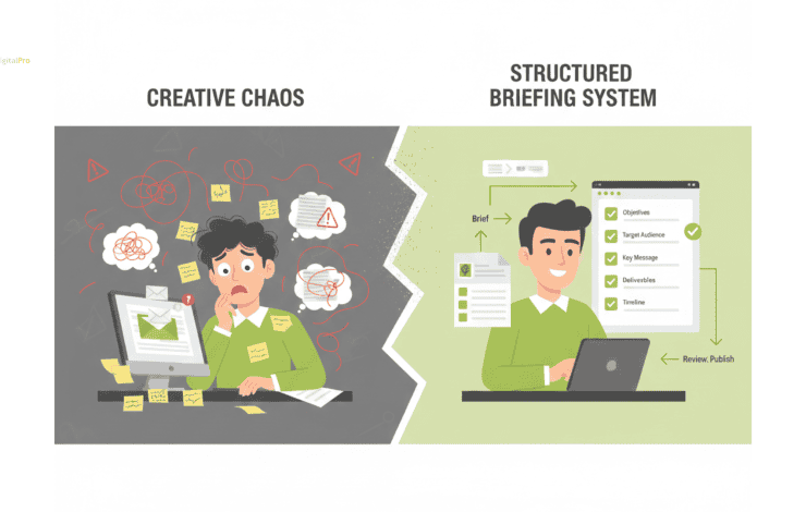 A split vector illustration contrasting creative chaos with a structured system, demonstrating how agency content briefing standards transform messy ideas into organized objectives and timelines.