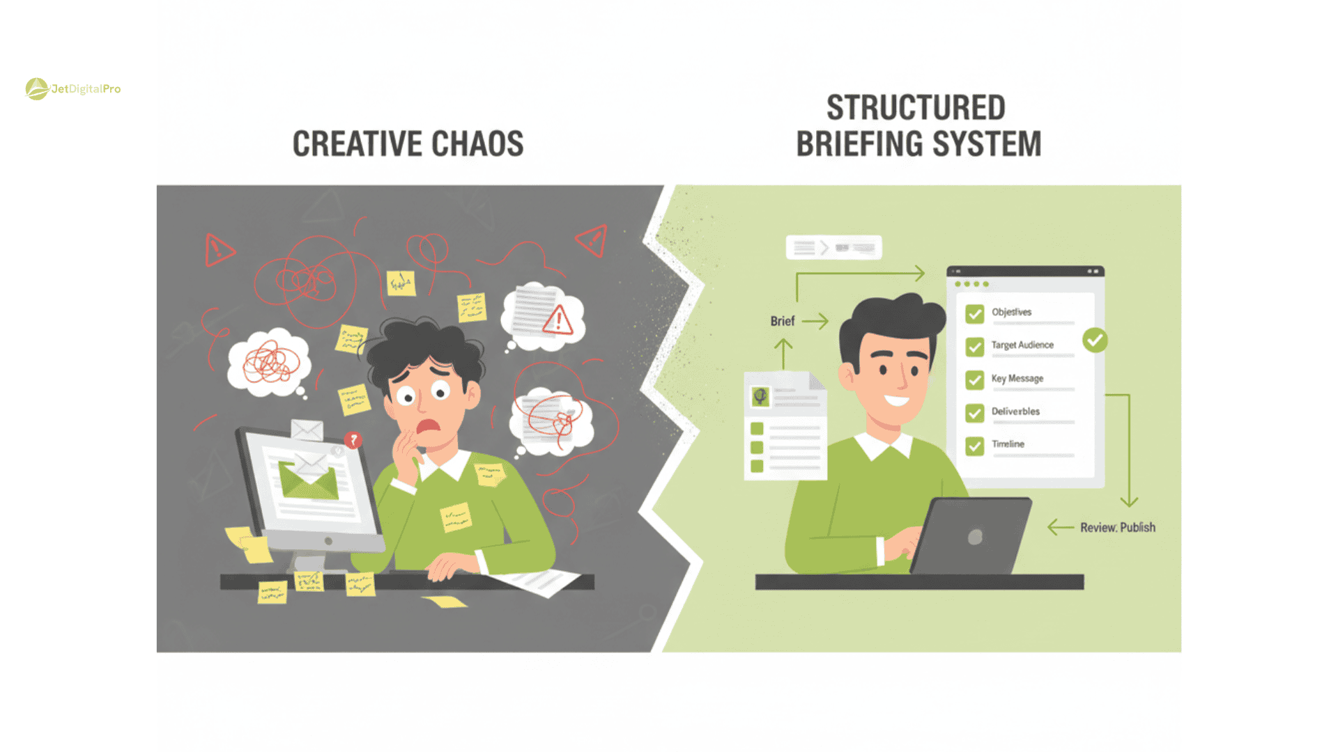 A split vector illustration contrasting creative chaos with a structured system, demonstrating how agency content briefing standards transform messy ideas into organized objectives and timelines.