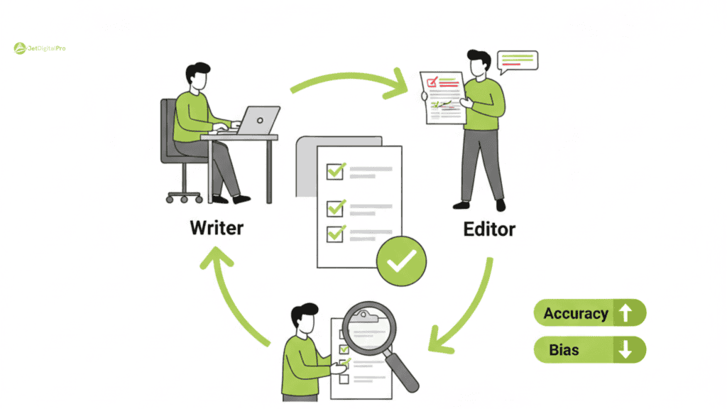 A professional vector illustration depicting a collaborative team-based agency editing proofreading steps model. A writer, an editor, and an independent proofreader are arranged in a triangular loop with arrows indicating a continuous feedback cycle. A central checklist features green checkmarks, and side indicators show "Accuracy" increasing and "Bias" decreasing.
