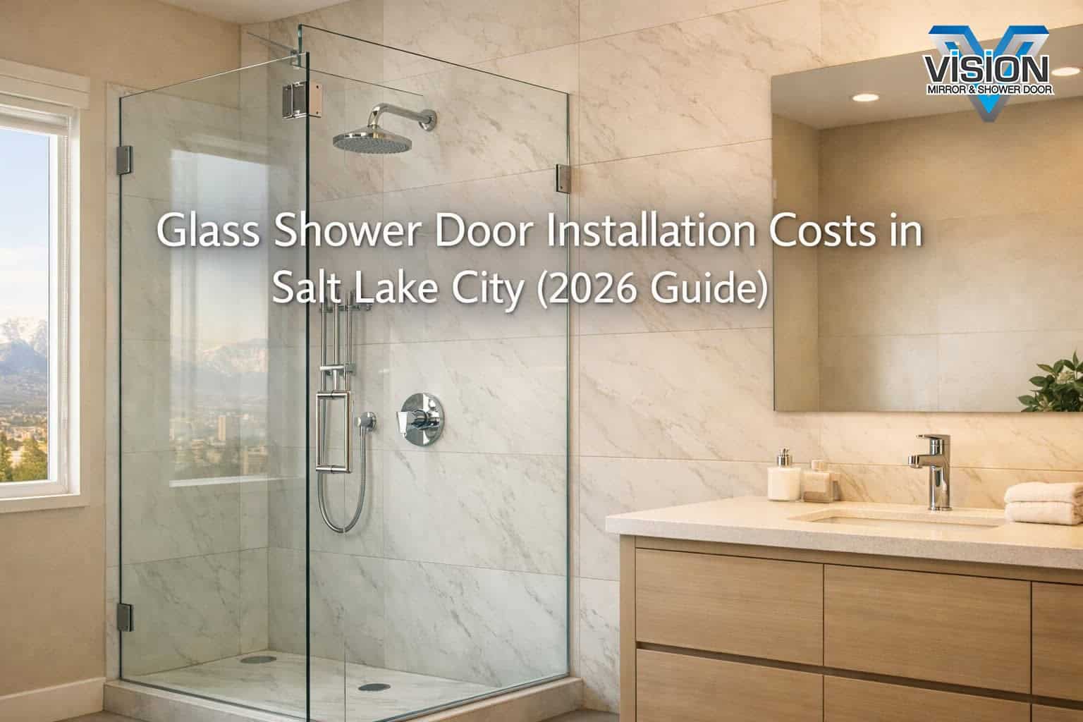 Photorealistic modern Salt Lake City bathroom with frameless glass shower door and marble tile, reflecting Glass Shower Door Installation Costs in 2026.