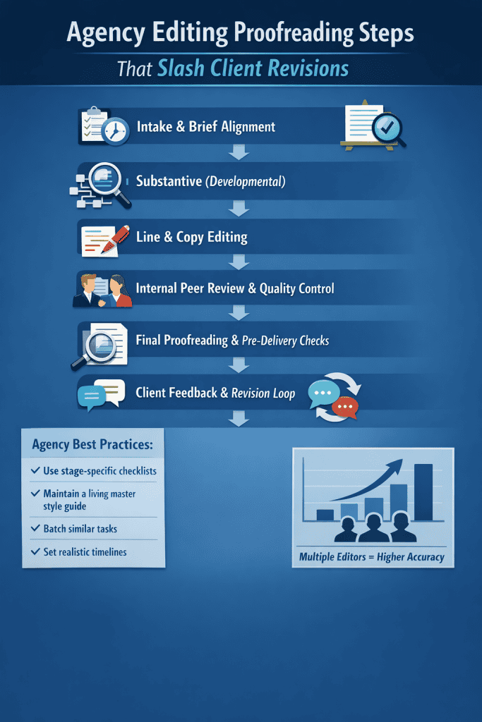  Flat vector infographic of an agency editing proofreading steps process. The scene features professional editors reviewing a document through structural editing, line editing, and final proofing stages to ensure quality and reduce client revisions, using a clean green and grey color palette.