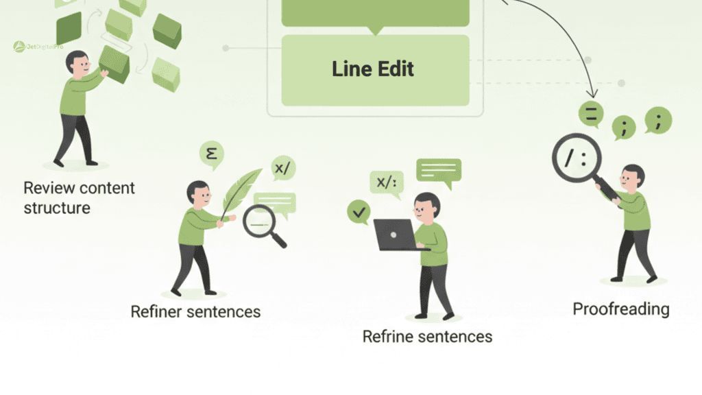 A clean, minimal flowchart-style illustration of agency editing proofreading steps. A central document icon is divided into three layers: Developmental Edit, Line Edit, and Proofreading. Flat vector characters are shown rearranging content blocks, refining sentences with comment bubbles, and using a magnifier to inspect punctuation against a soft green gradient background.