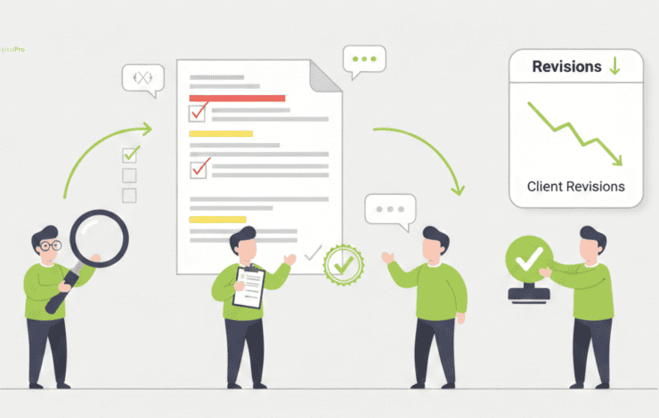 A 2D flat vector illustration showing a professional agency editing proofreading steps workflow. Three editors are positioned along a horizontal path: one using a magnifying glass for grammar, one checking a structural checklist, and a final reviewer applying a green approval stamp to a document. A dashboard on the right shows a "Revisions" graph trending downward.