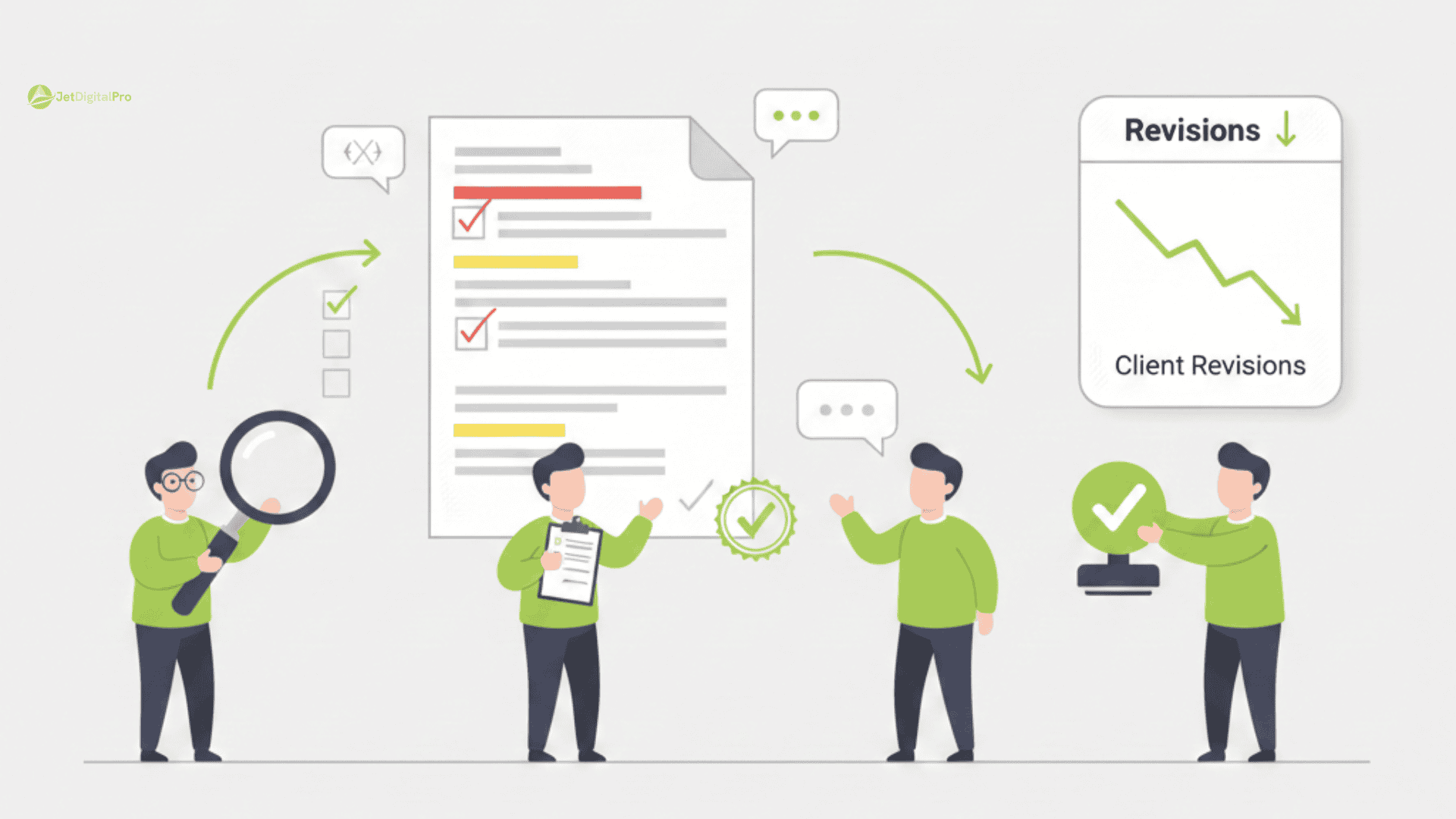 A 2D flat vector illustration showing a professional agency editing proofreading steps workflow. Three editors are positioned along a horizontal path: one using a magnifying glass for grammar, one checking a structural checklist, and a final reviewer applying a green approval stamp to a document. A dashboard on the right shows a "Revisions" graph trending downward.