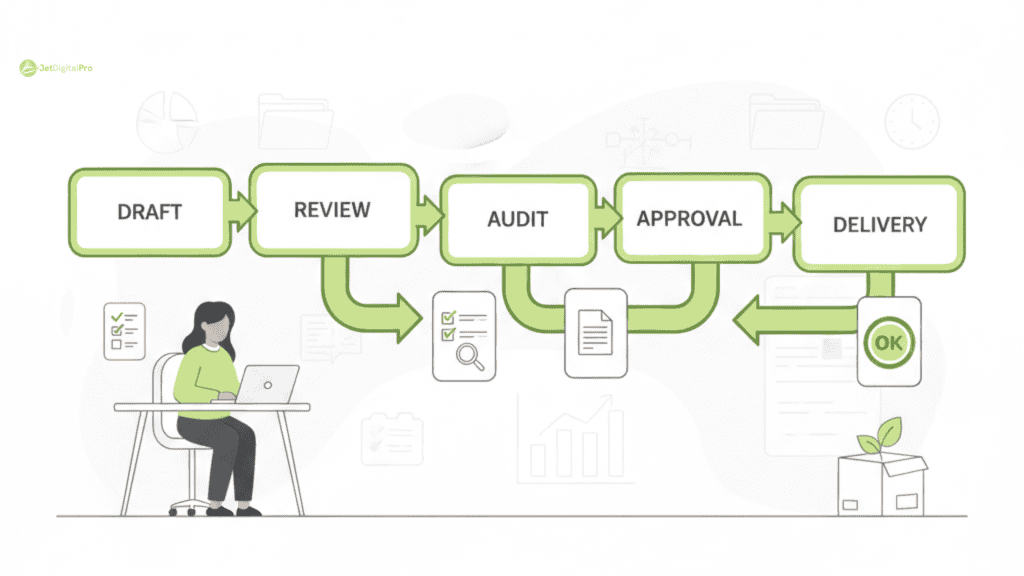 A visual flow diagram illustrating the five stages of a structured quality control process agency lifecycle.