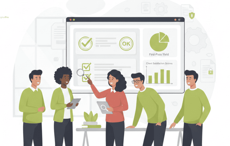 A diverse team of professionals reviewing a digital dashboard to manage the quality control process agency workflow.
