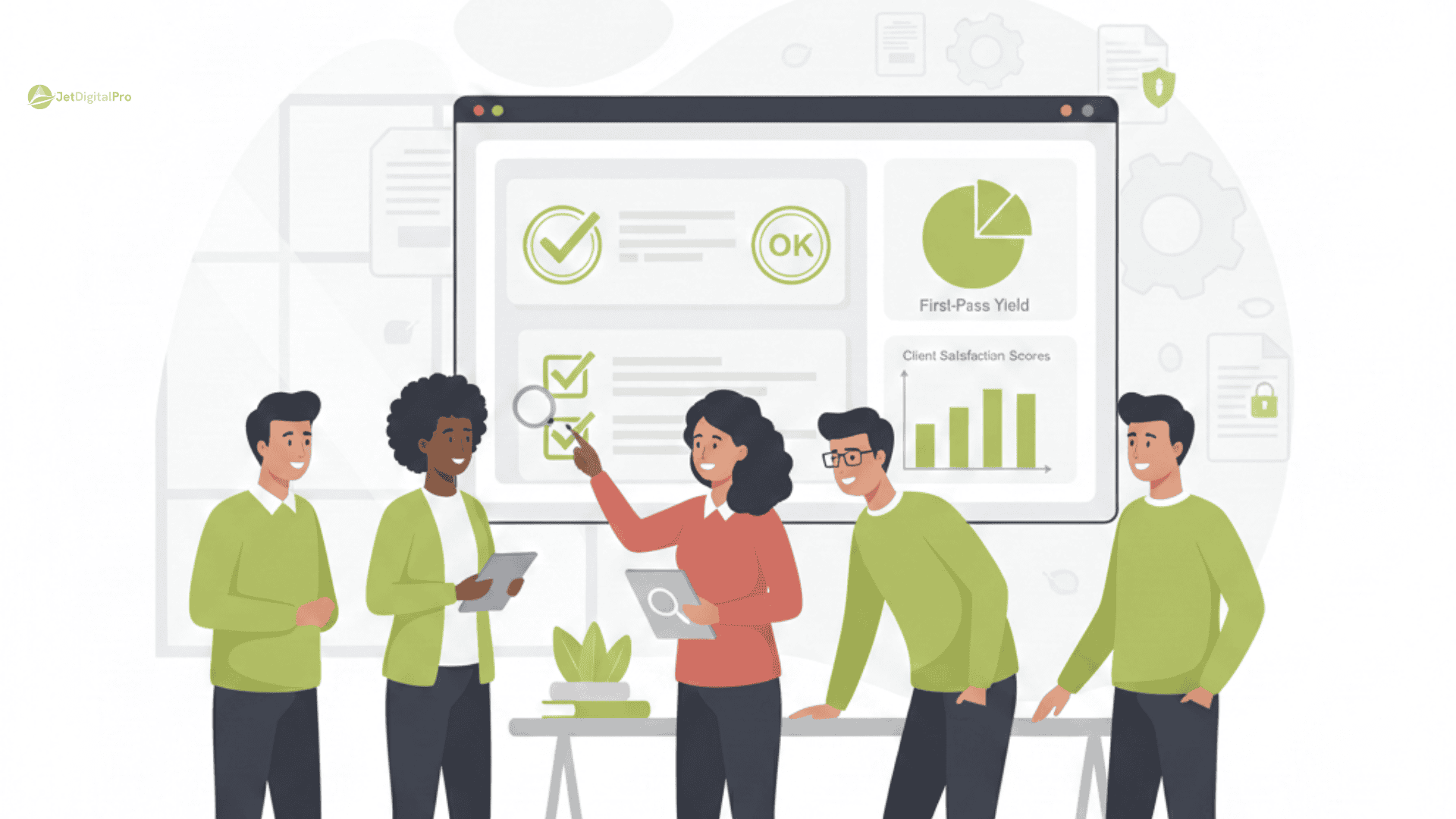 A diverse team of professionals reviewing a digital dashboard to manage the quality control process agency workflow.