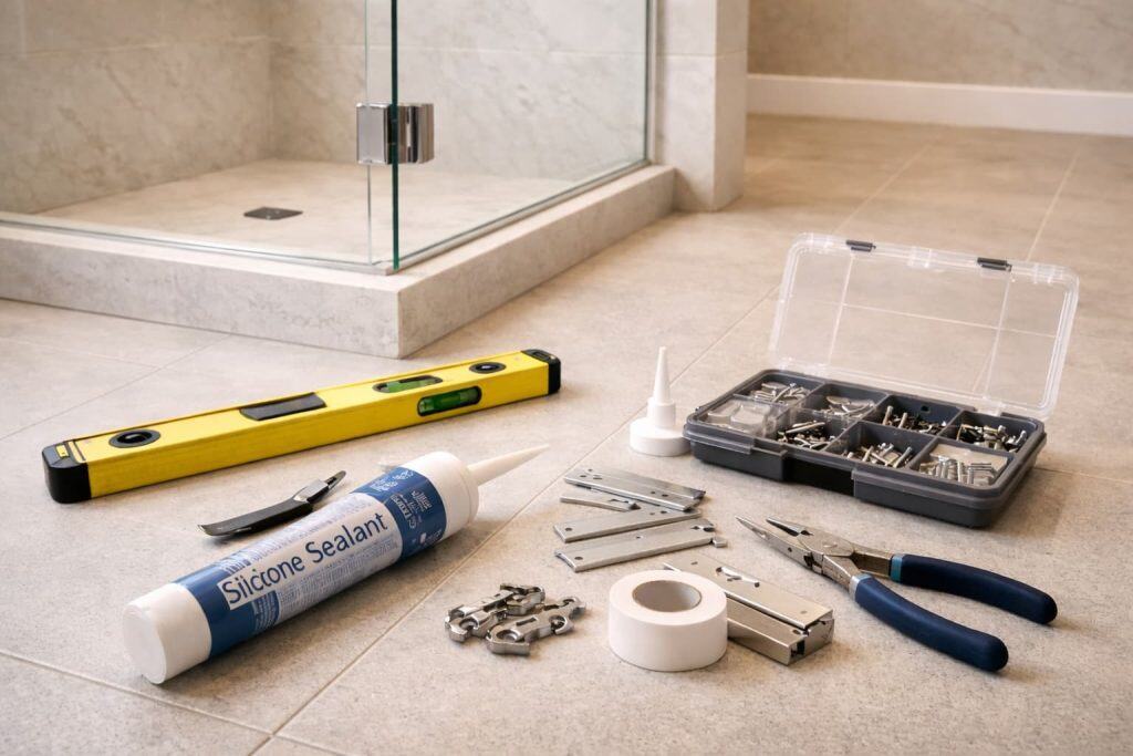 Bathroom installation tools beside partially installed glass shower door under warm light, representing real Glass Shower Door Installation Costs in Salt Lake City.